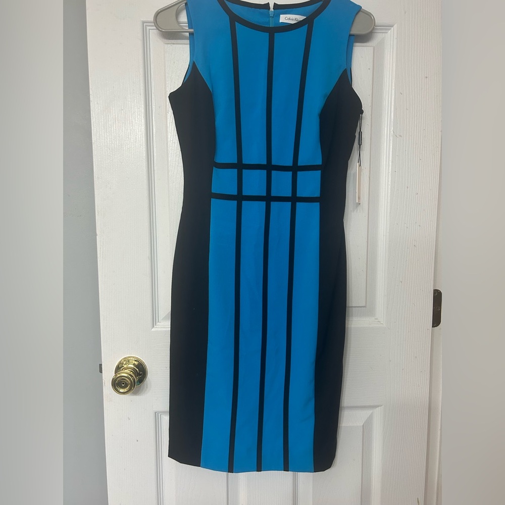 Calvin Klein Blue and Black Strapless Sheath Midi Dress